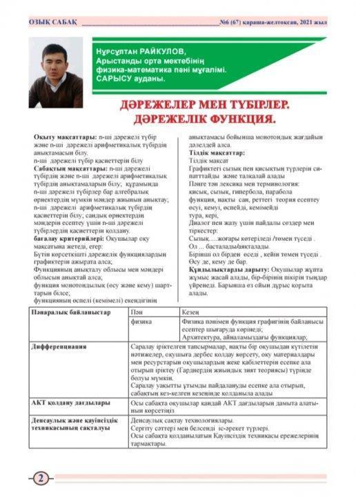 Физика-математика пәнінің мұғалімі Райқұлов Нұрсұлтан Қойшығараұлы "Озық сабақ" журналына "Дәрежелер мен түбірлер. Дәрежелік функция" тақырыбында ашық сабақ жариялады.