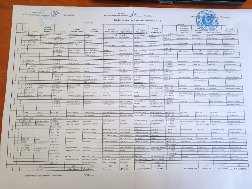 2023-2024 оқу жылының сабақ кестесі